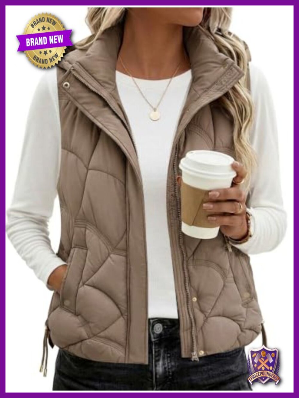 Womens Puffer Vest Zip Up Sleeveless Stand Collar Coat